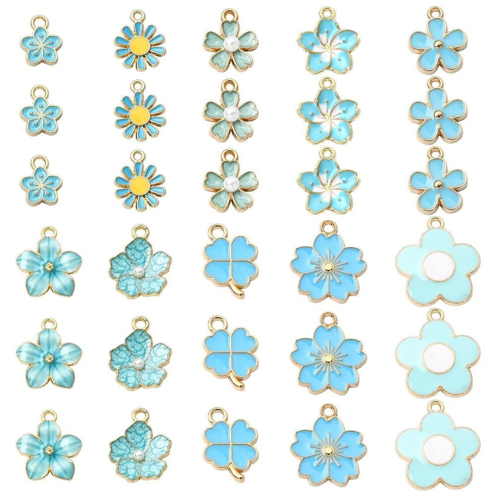 2587 60pcs Blue Flower Charms 10 Styles, 6pcs Each - Blue Clover, Cherry